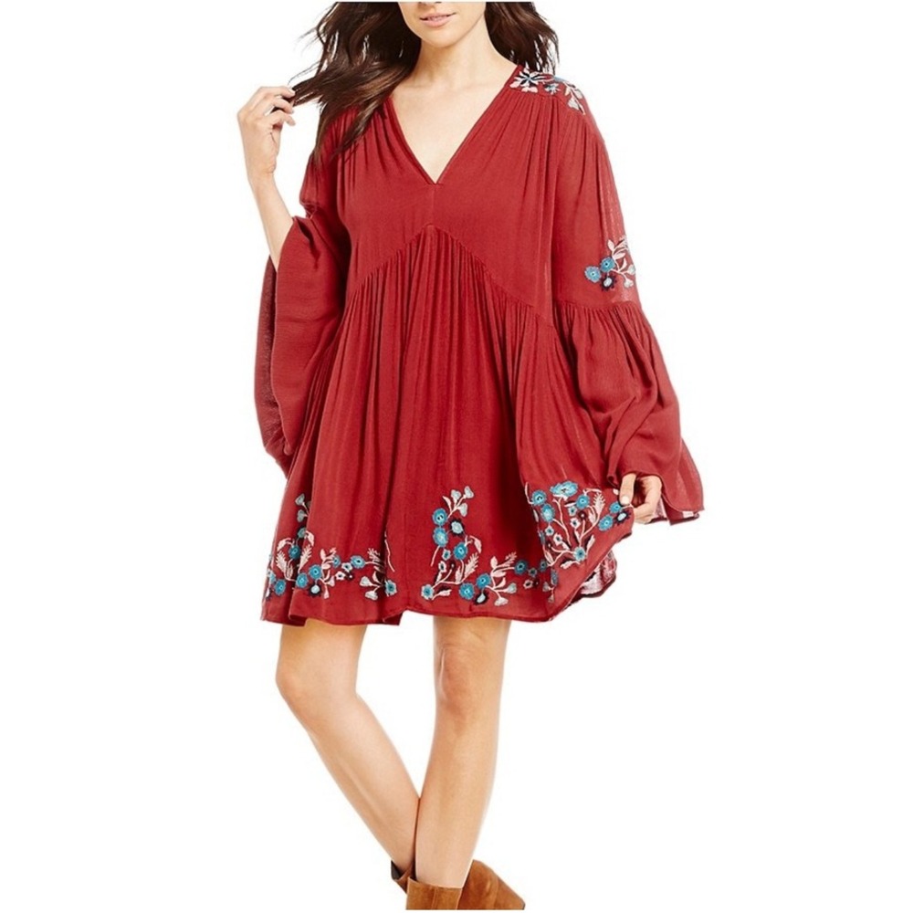 Free People Te Amo Swing Dress Women L Red Embroidered Boho Bell Sleeve Festival